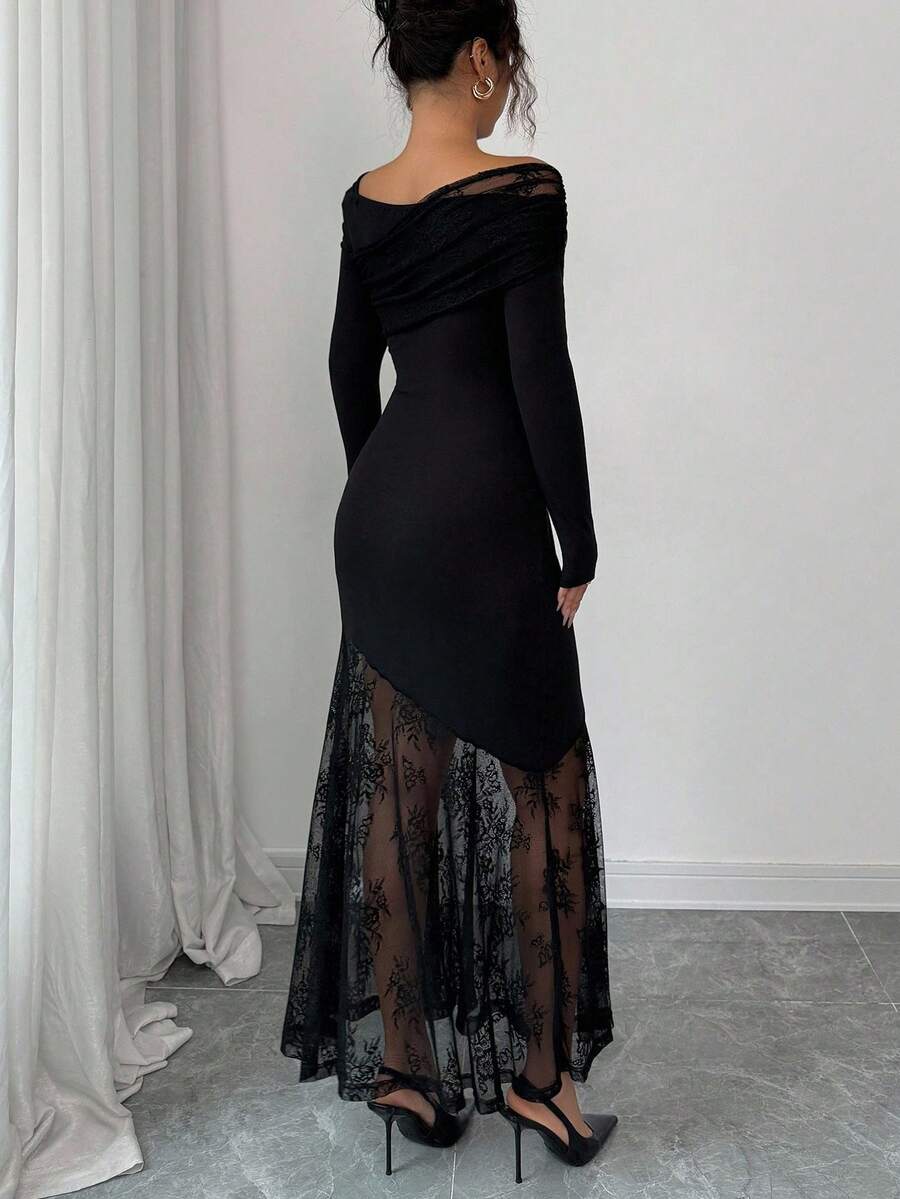 SHEIN Modelyn فستان اسود طويل أنيق مطرز