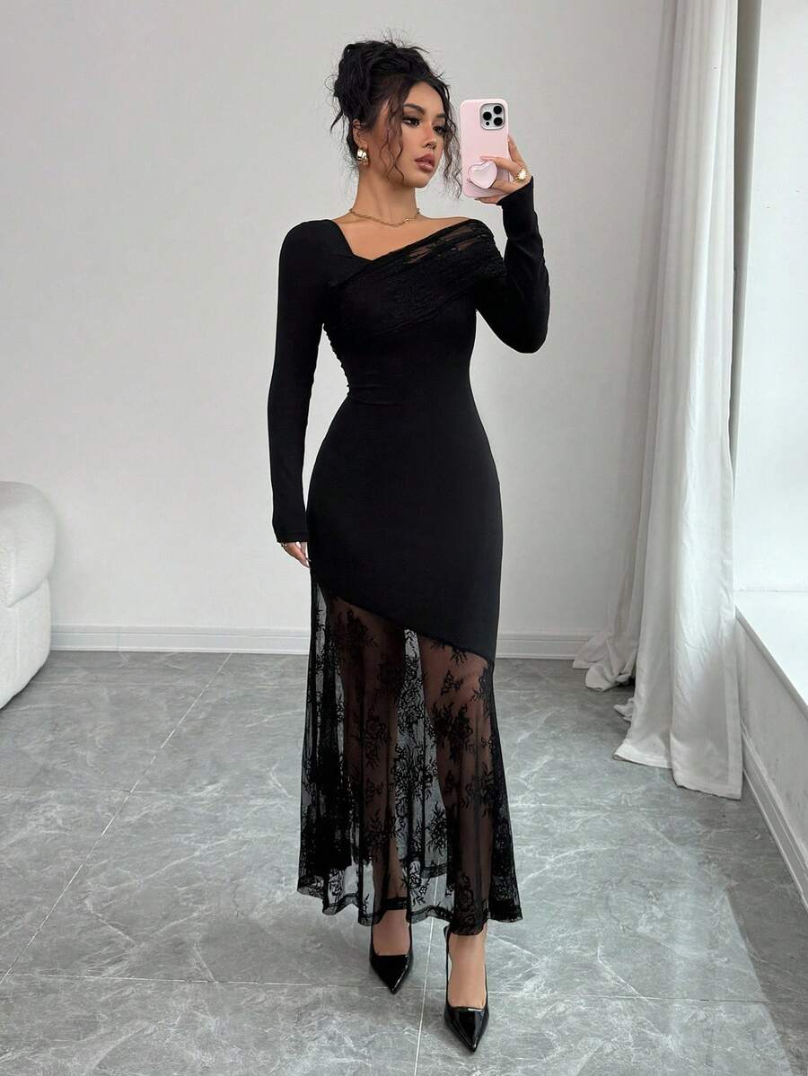 SHEIN Modelyn فستان اسود طويل أنيق مطرز