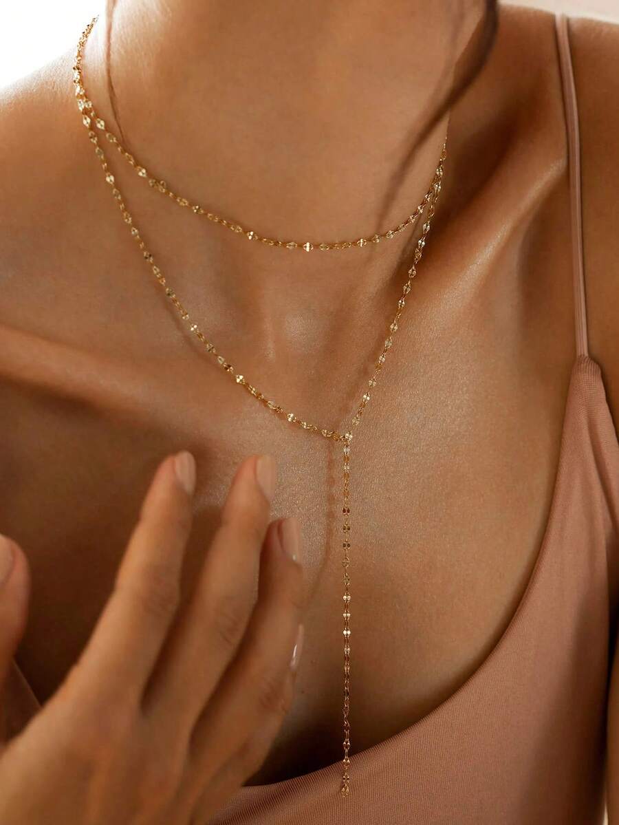 SHEIN قلادة مزدوجة ستانلس ستيل مطلية ذهب 18 قيراط