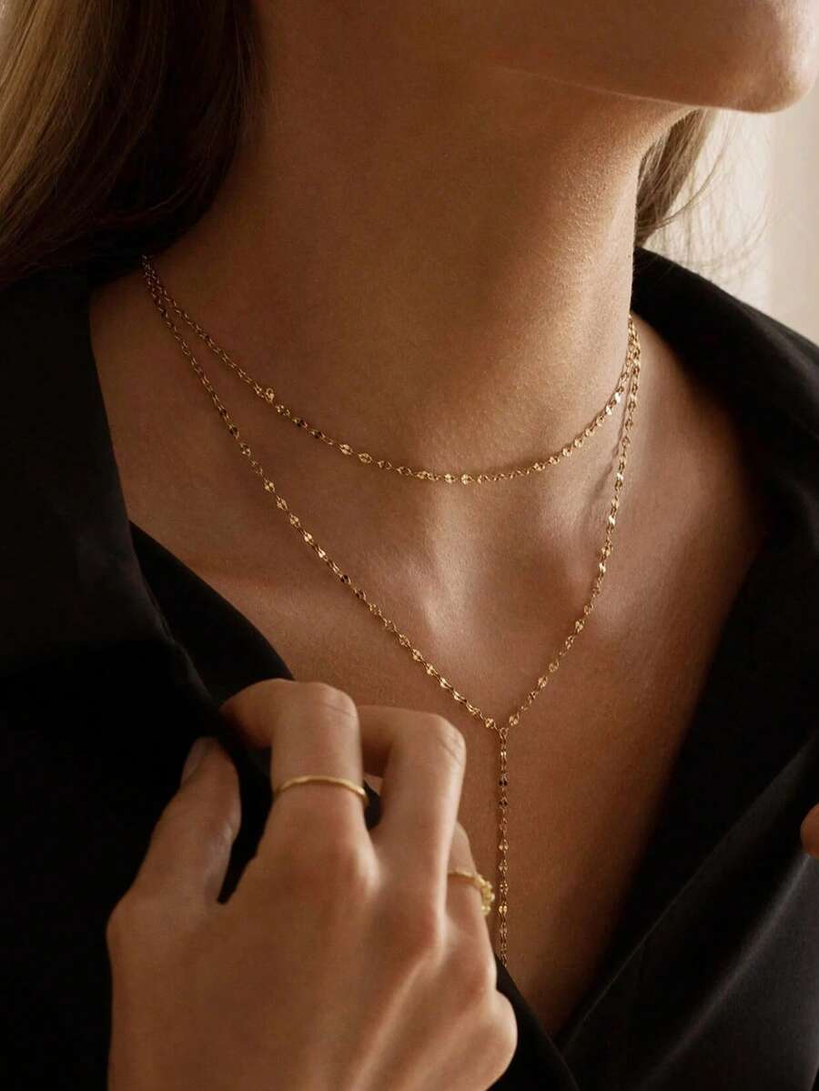 SHEIN قلادة مزدوجة ستانلس ستيل مطلية ذهب 18 قيراط