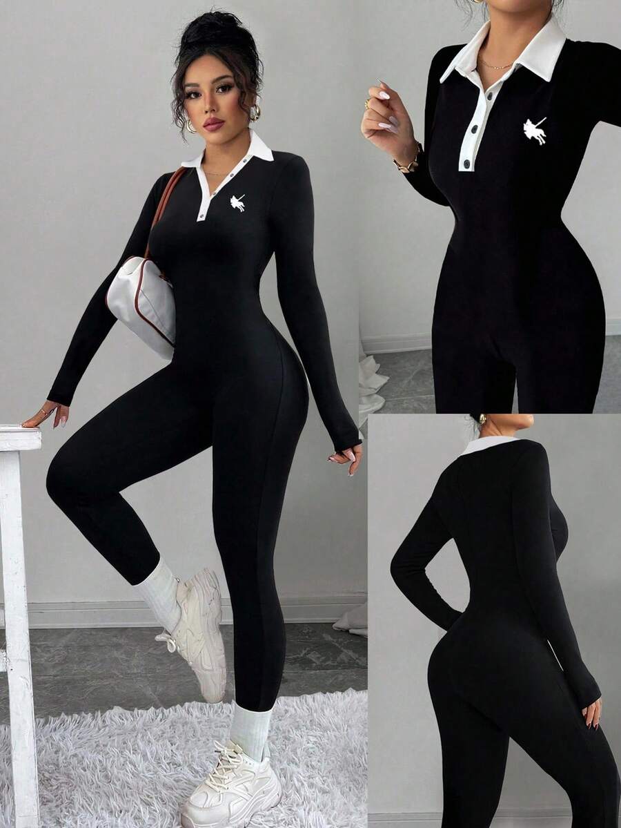 SHEIN NostaNoir جمبسوت أسود بأكمام طويلة ورقبة عالية مطرز بشعار الفارس