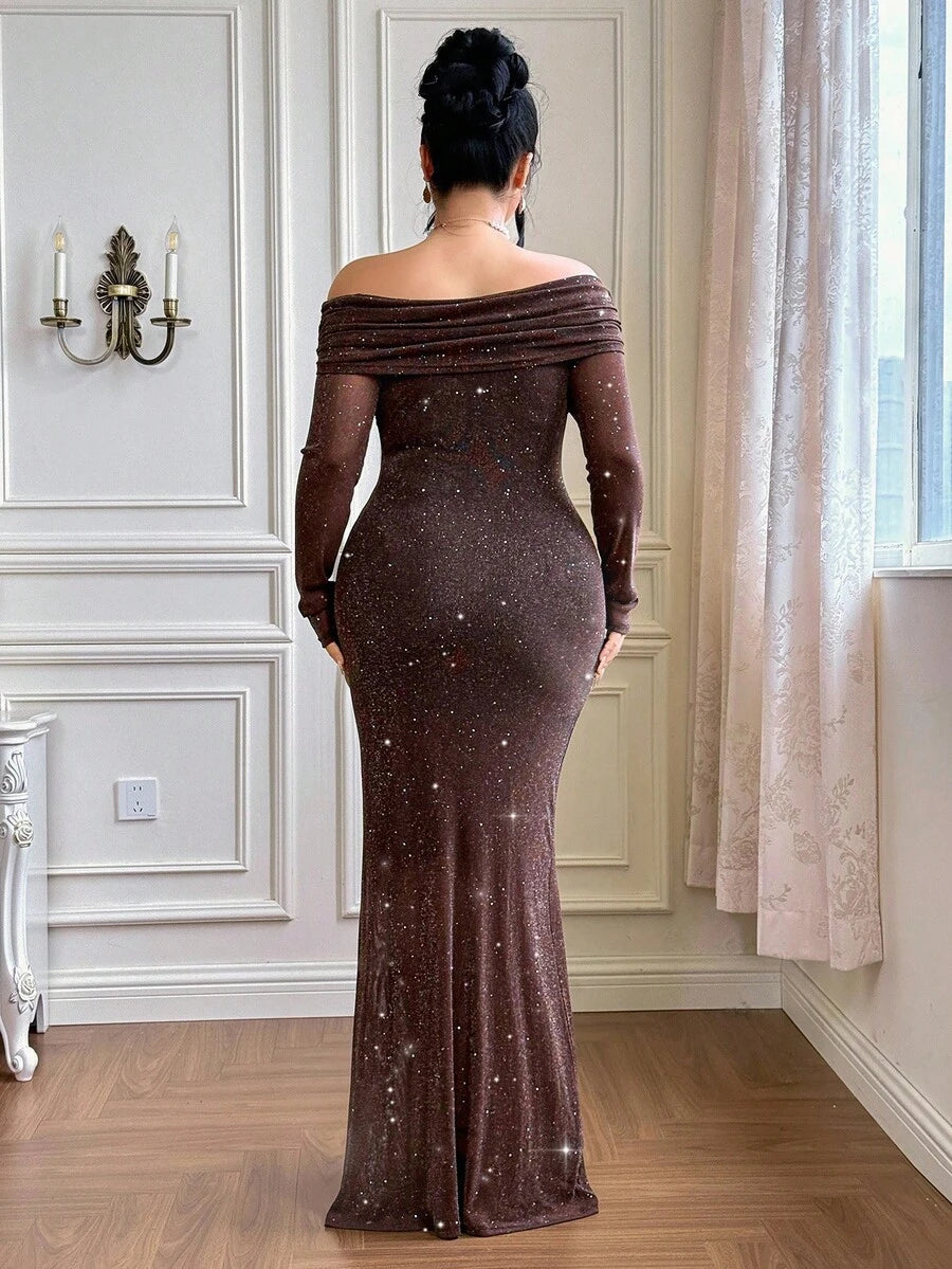 SHEIN Roveilla فستان طويل ضيق مكشوف الكتف مزين بالراين ستون