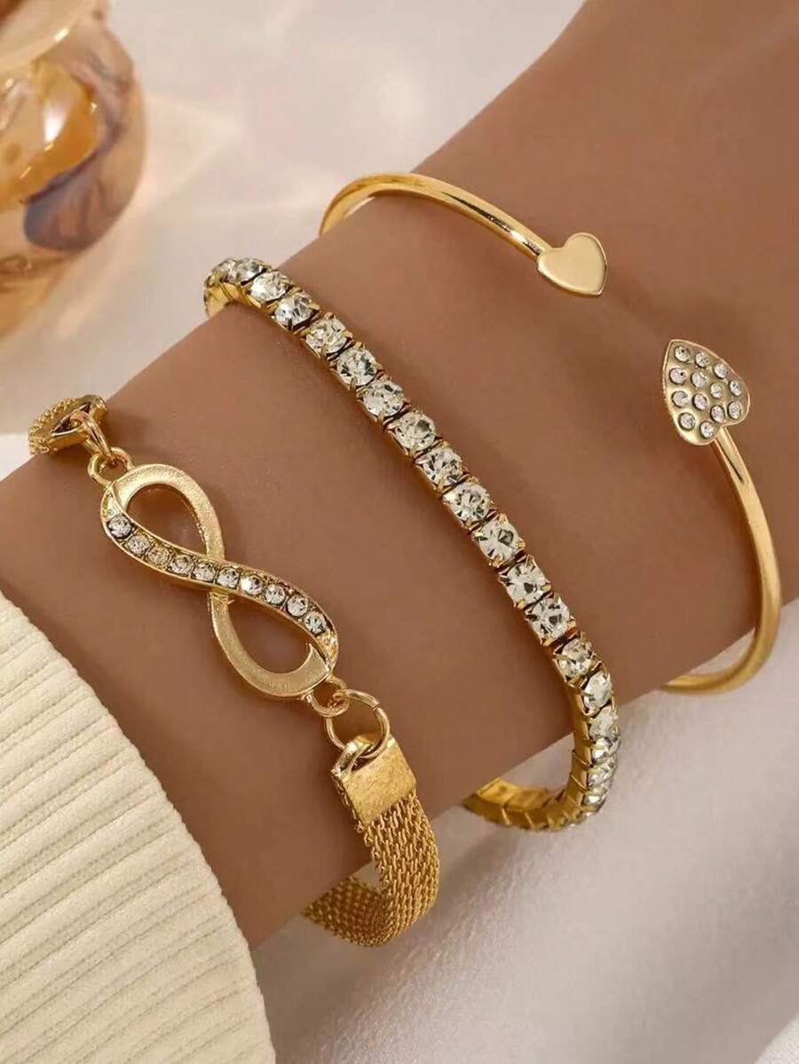 SHEIN مجموعة أساور 3 قطع رمز اللانهاية مرصع بالراين