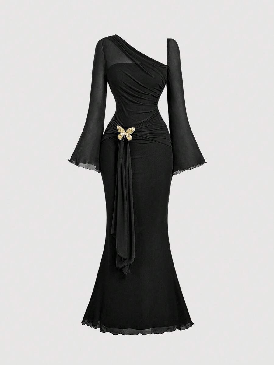 SHEIN MOD فستان أسود بكتف واحد غير متماثل وفيونكة