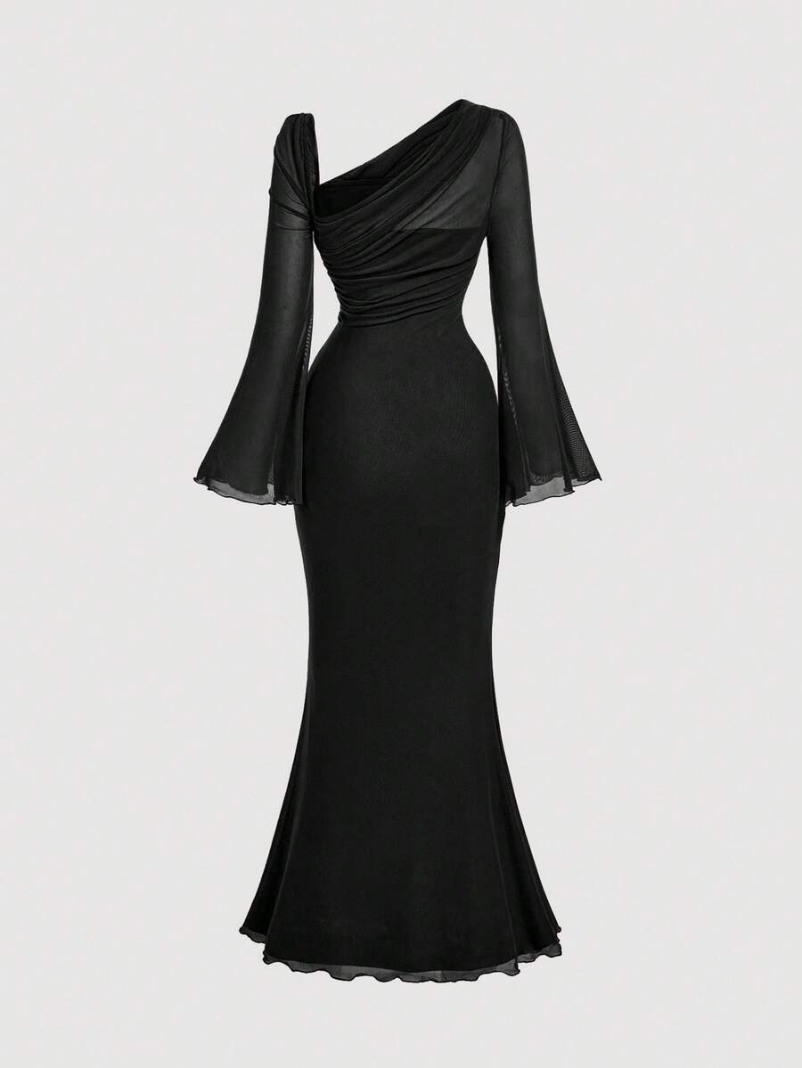 SHEIN MOD فستان أسود بكتف واحد غير متماثل وفيونكة