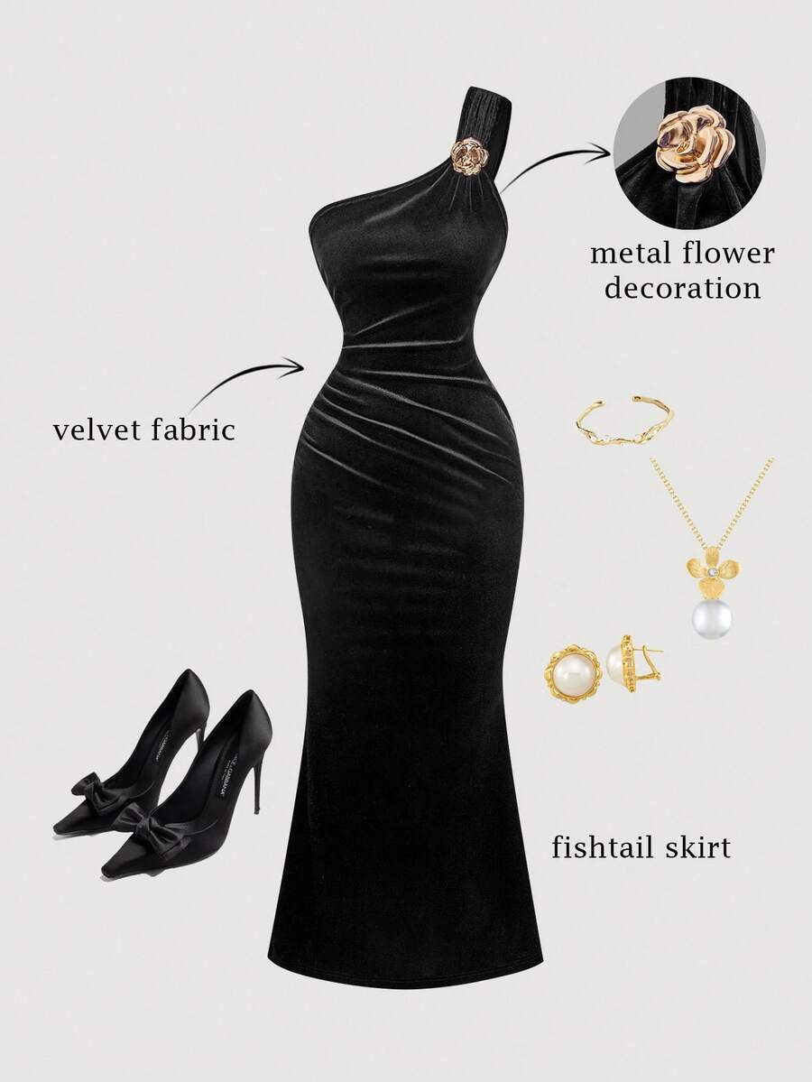 SHEIN MOD تنورة غير متماثلة بذيل سمكة ودبوس أسود