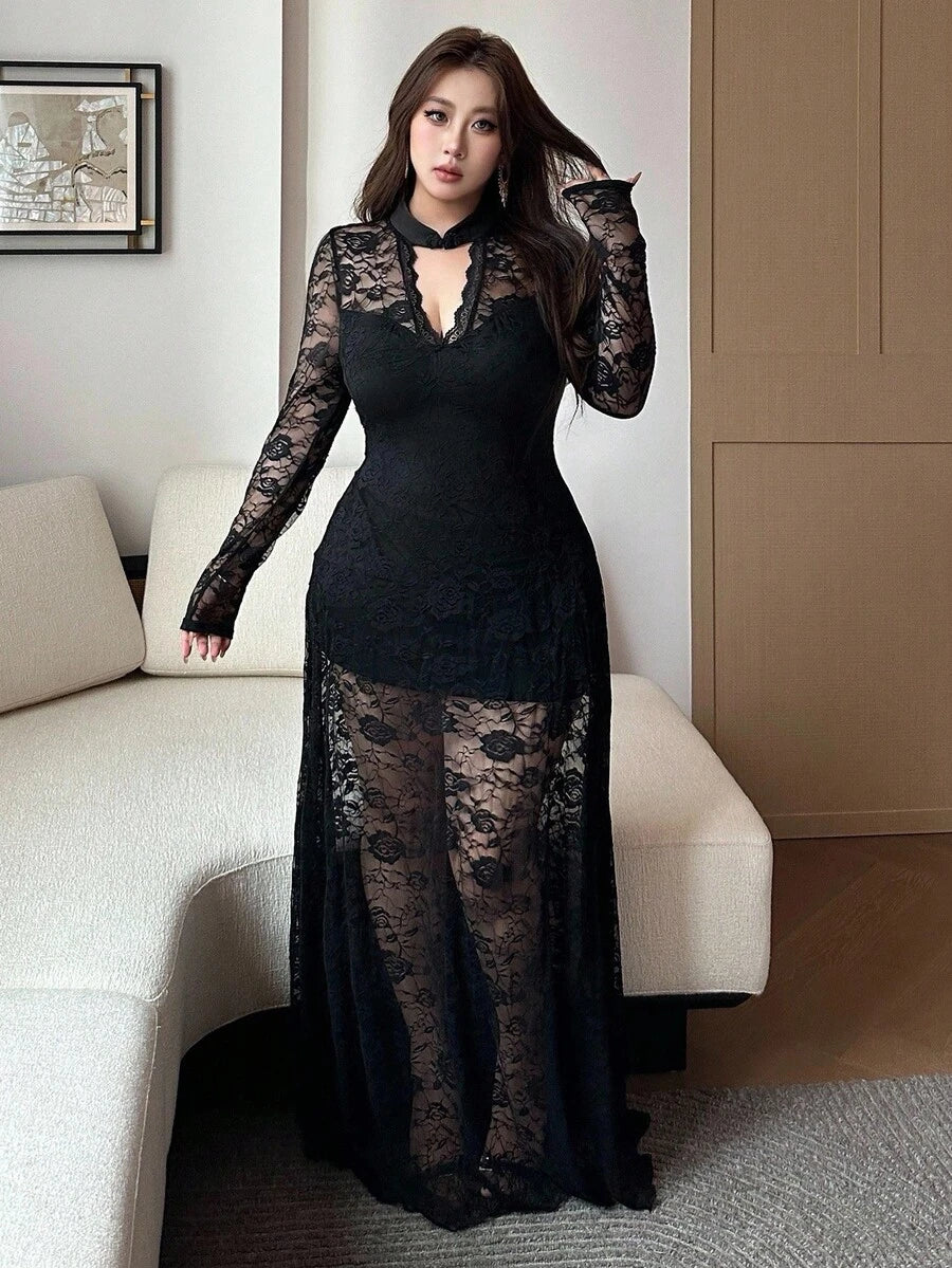 SHEIN Vibekara فستان أسود ماكسي بأكمام طويلة مزين بالدانتيل