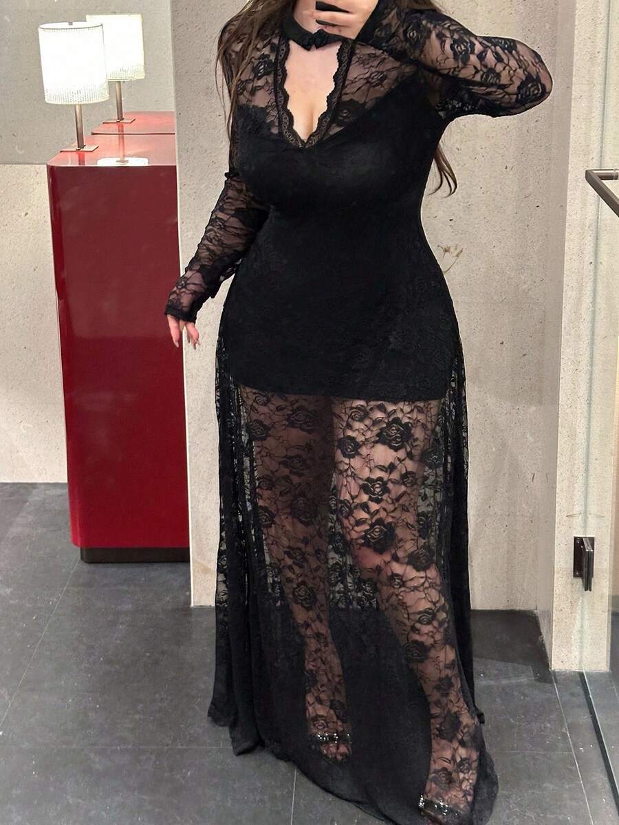 SHEIN Vibekara فستان أسود ماكسي بأكمام طويلة مزين بالدانتيل
