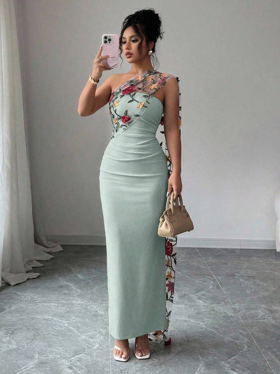 SHEIN Elenzga فستان أخضر شبكي أنيق مطرز