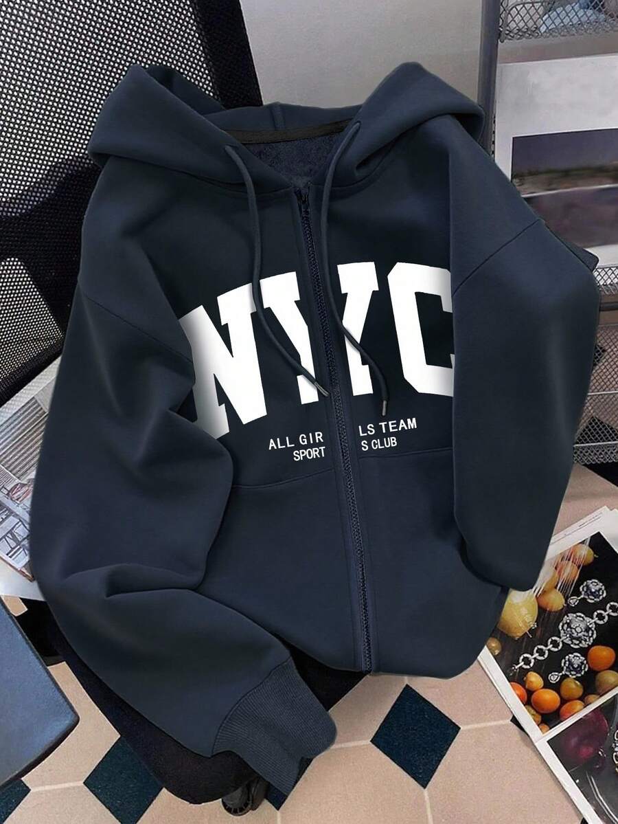 SHEIN INAWLY هودي كحلي بسحاب أمامي مطبوع بحروف