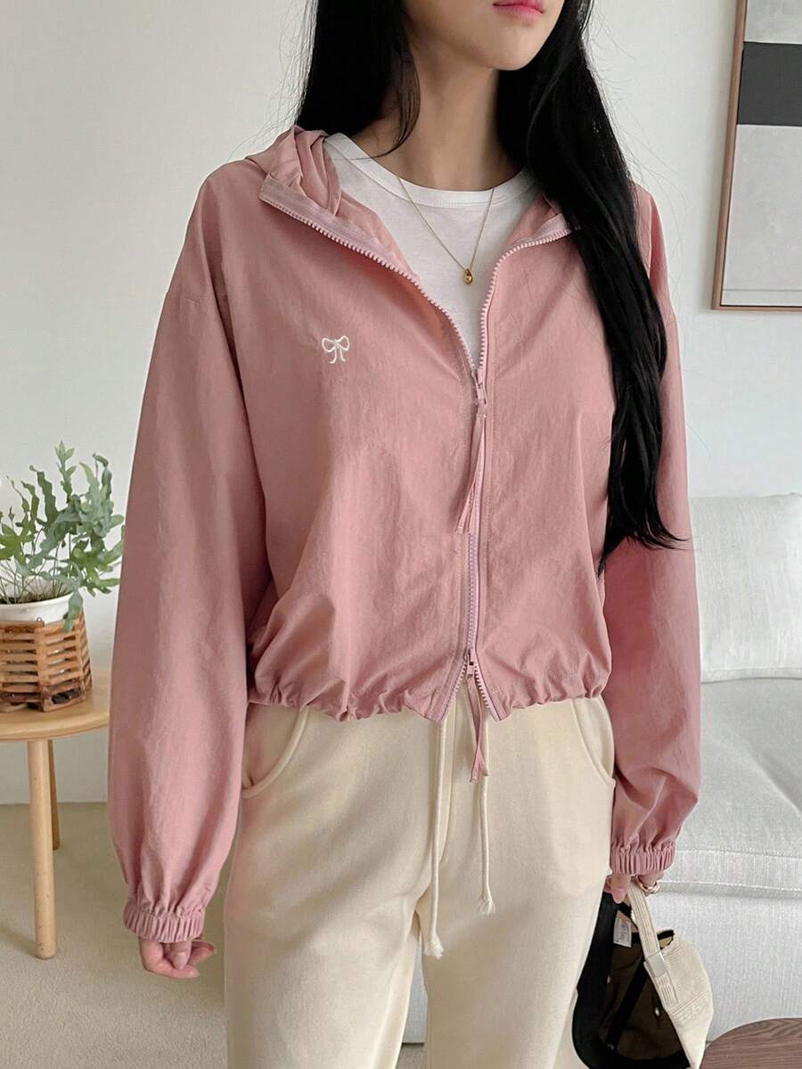 SHEIN DAZY معطف نسائي بسحاب وقبعة وتطريز فراشة