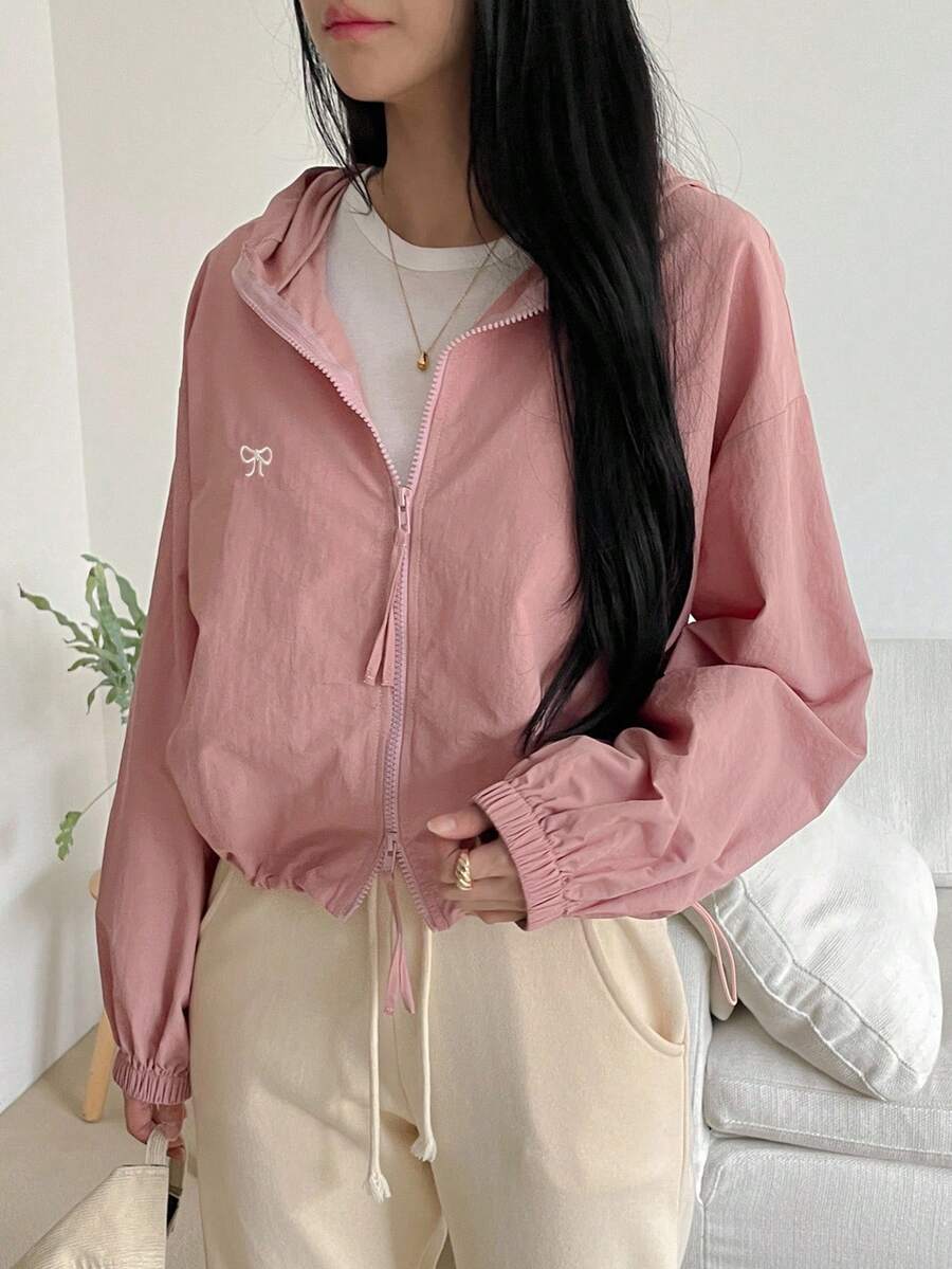 SHEIN DAZY معطف نسائي بسحاب وقبعة وتطريز فراشة