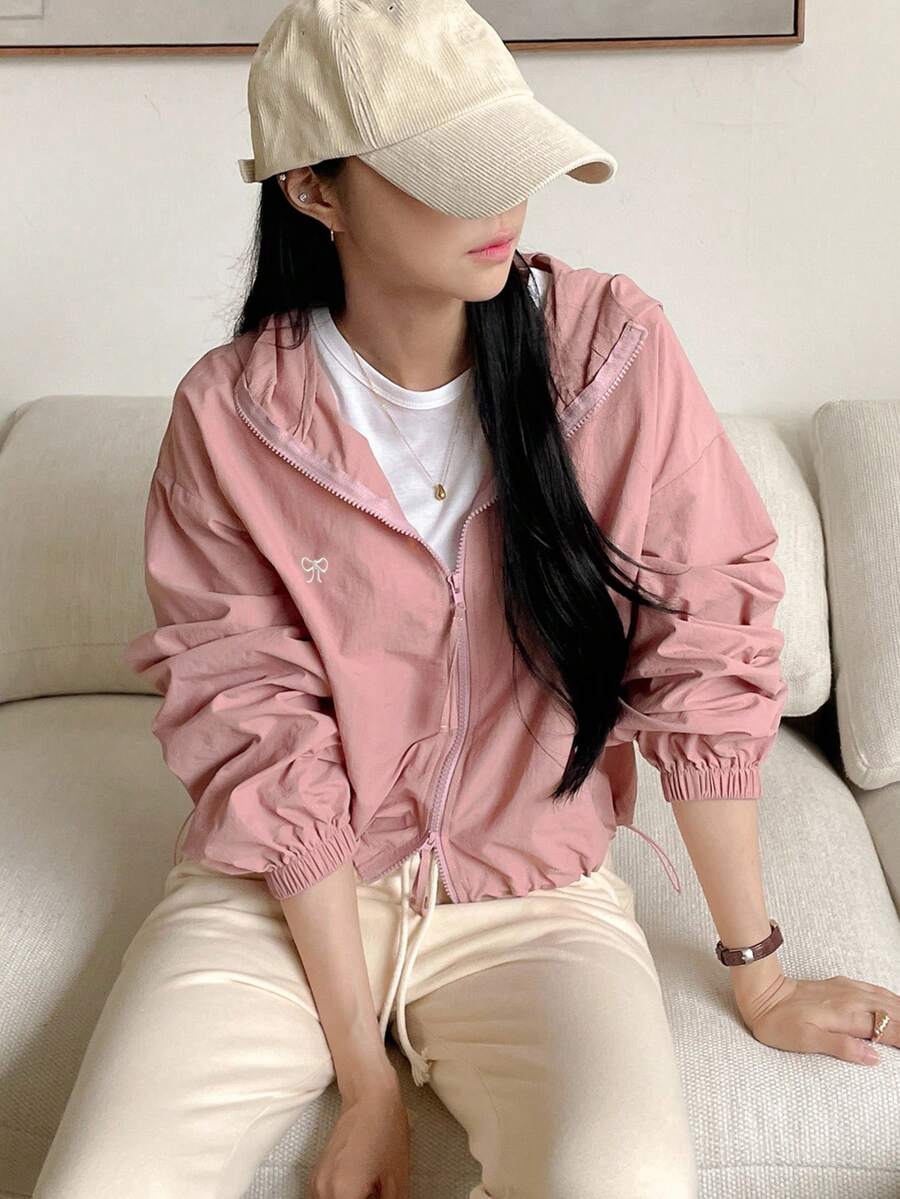 SHEIN DAZY معطف نسائي بسحاب وقبعة وتطريز فراشة