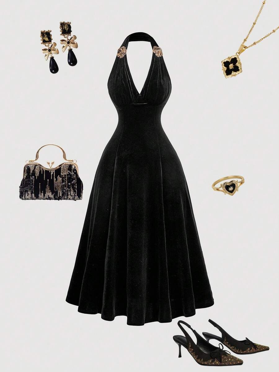 SHEIN MOD فستان أسود متوسط بزخارف معدنية ثلاثية الأبعاد