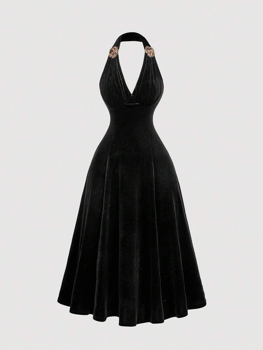 SHEIN MOD فستان أسود متوسط بزخارف معدنية ثلاثية الأبعاد