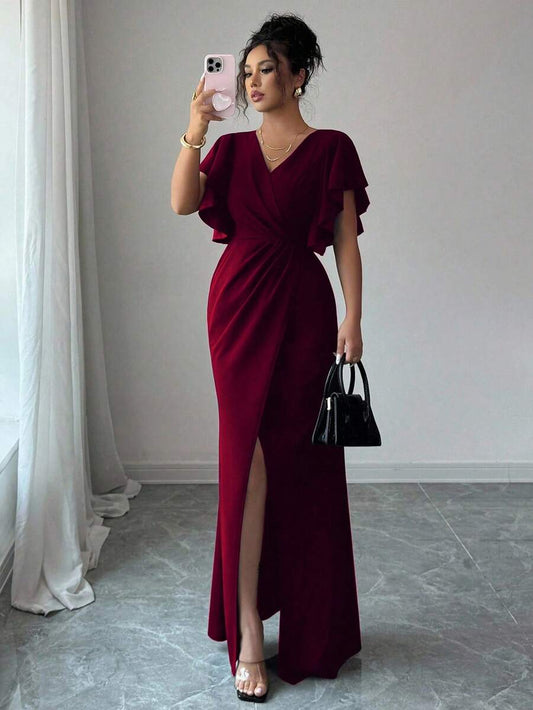SHEIN Elenzga فستان عنابي بياقة واكمام مكشكشة