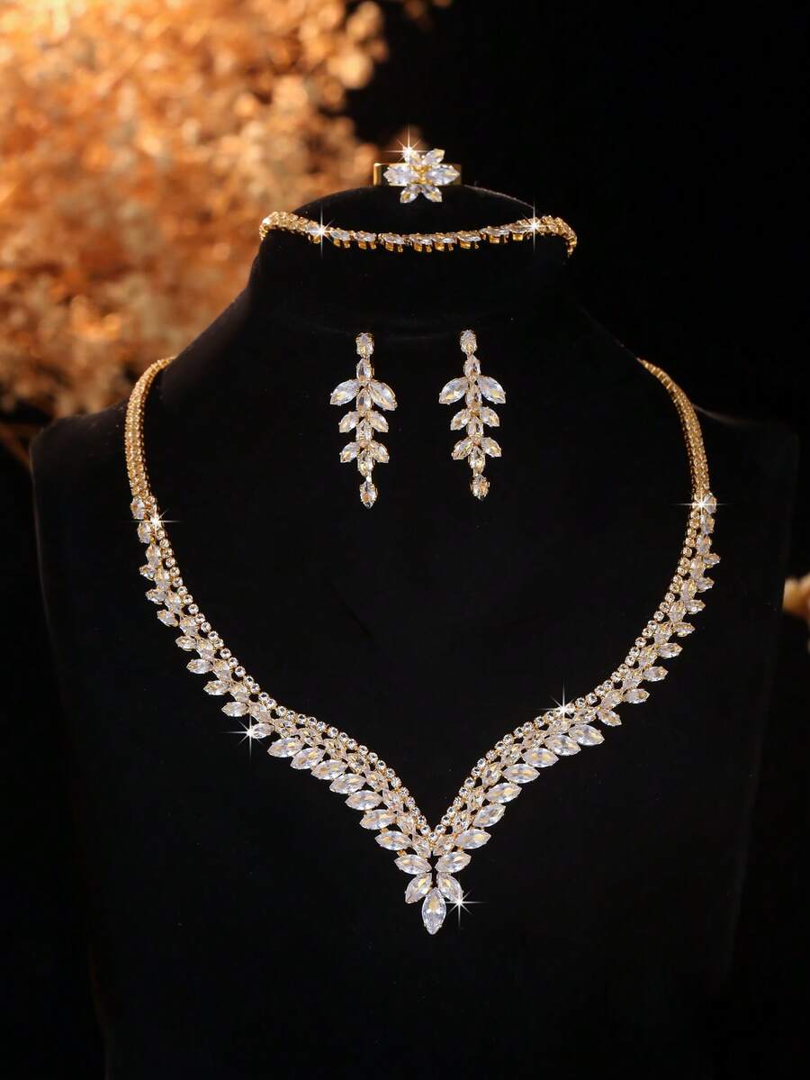 SHEIN طقم مجوهرات 5 قطع قلادة وأقراط وسوار وخاتم مرصعة بالراين