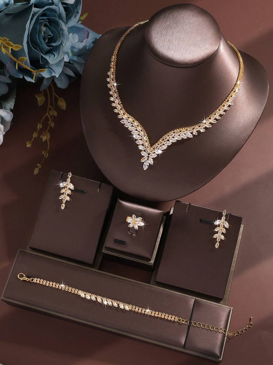SHEIN طقم مجوهرات 5 قطع قلادة وأقراط وسوار وخاتم مرصعة بالراين