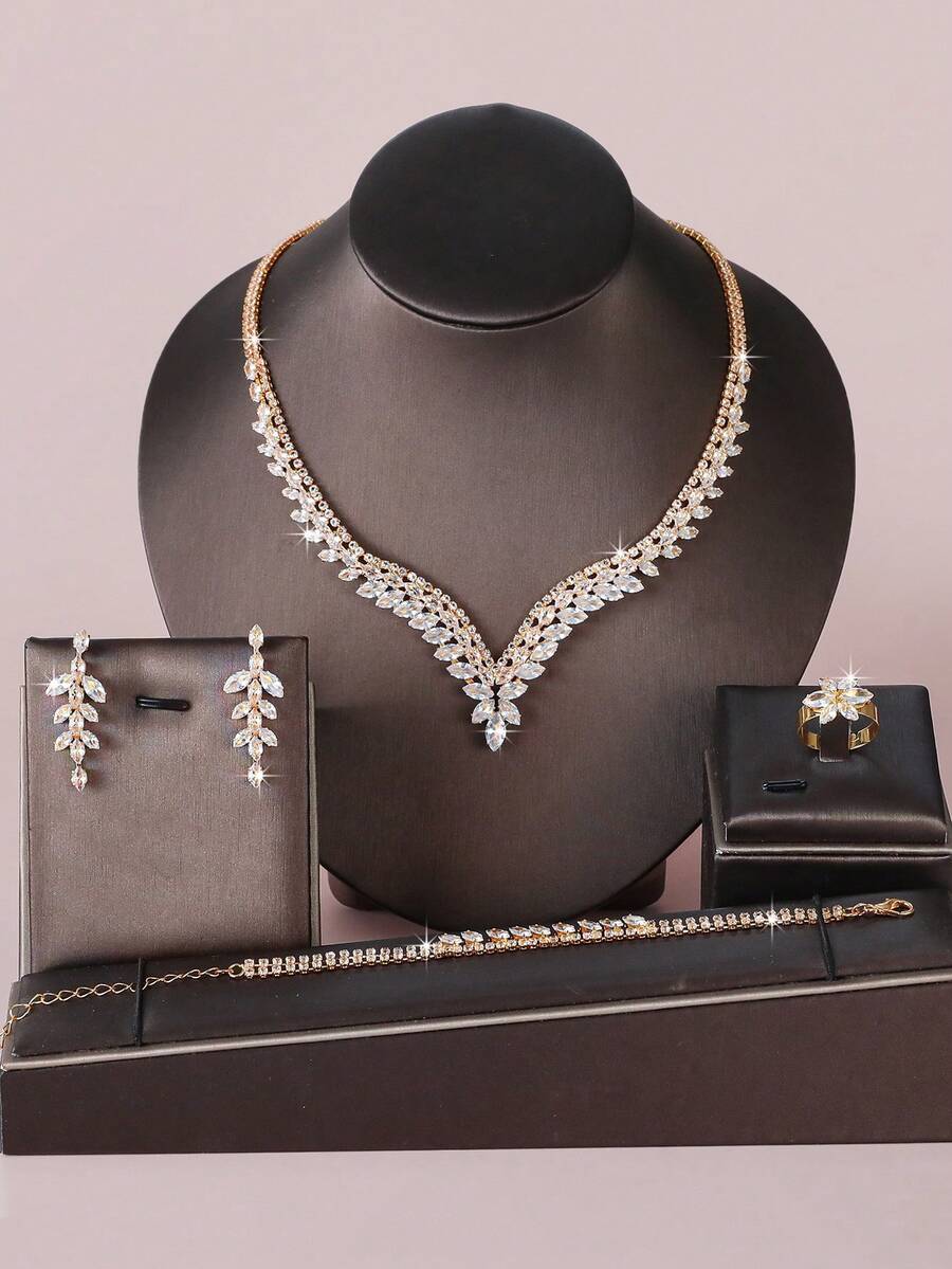 SHEIN طقم مجوهرات 5 قطع قلادة وأقراط وسوار وخاتم مرصعة بالراين