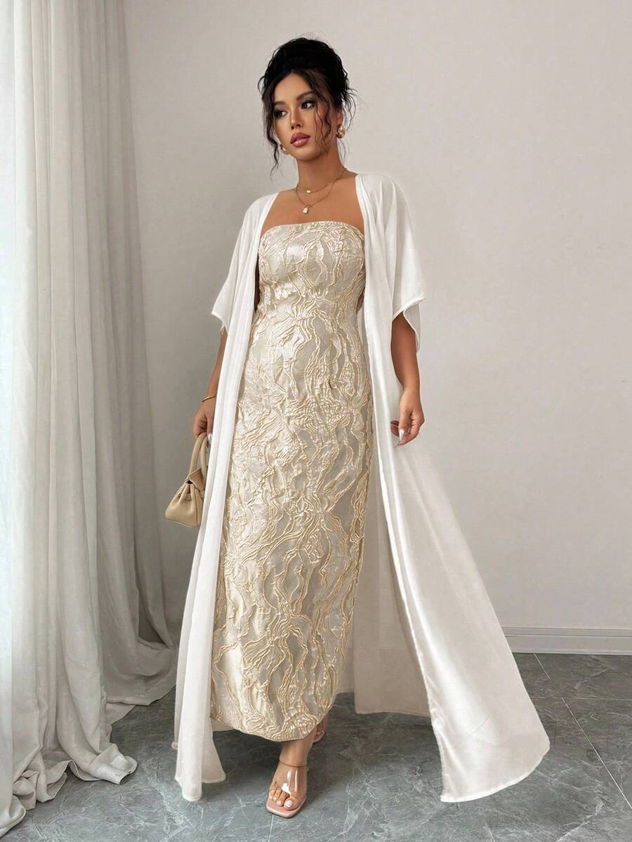 SHEIN Elenzga فستان أصفر أنيق مع شال أبيض