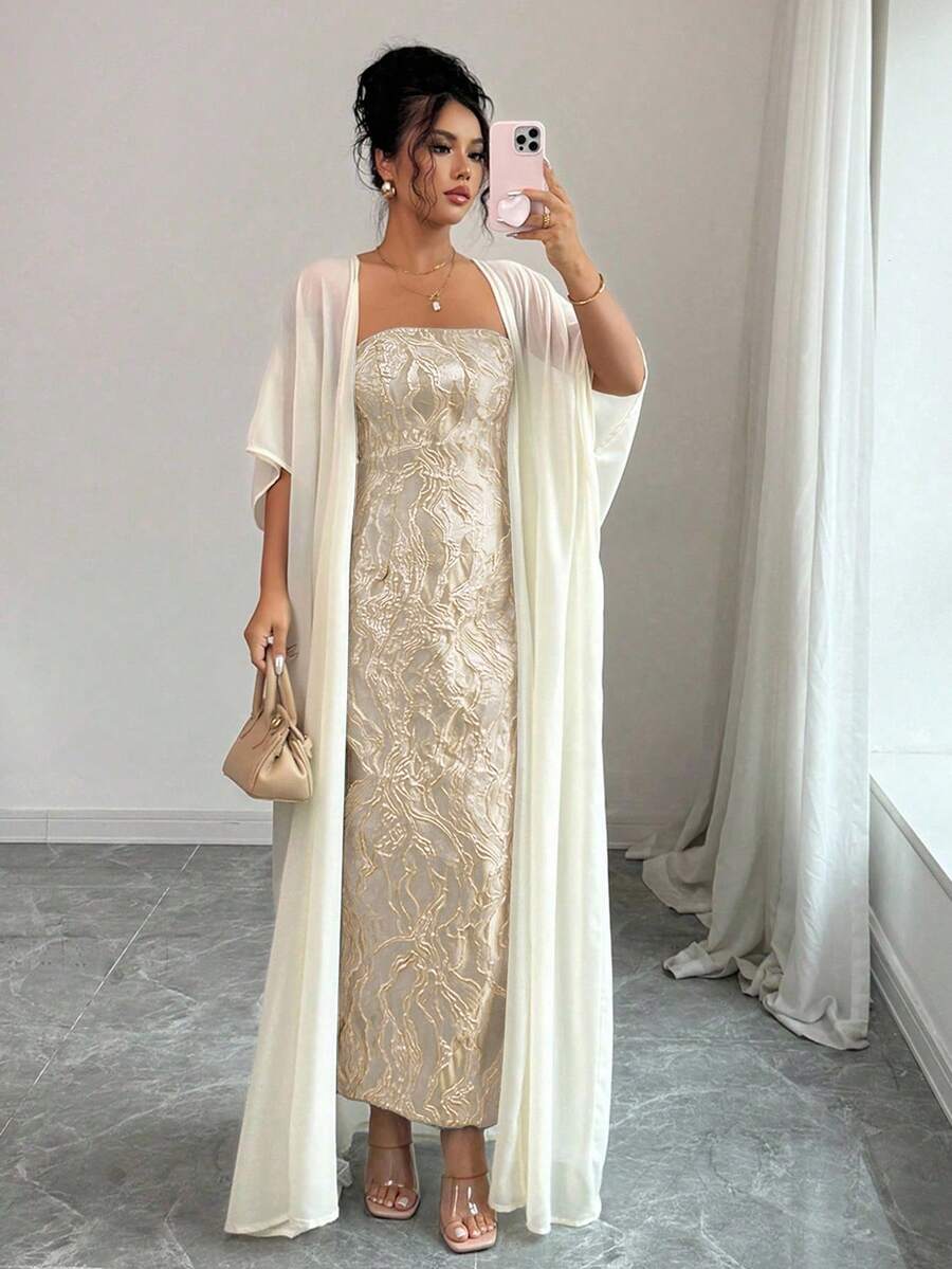 SHEIN Elenzga فستان أصفر أنيق مع شال أبيض