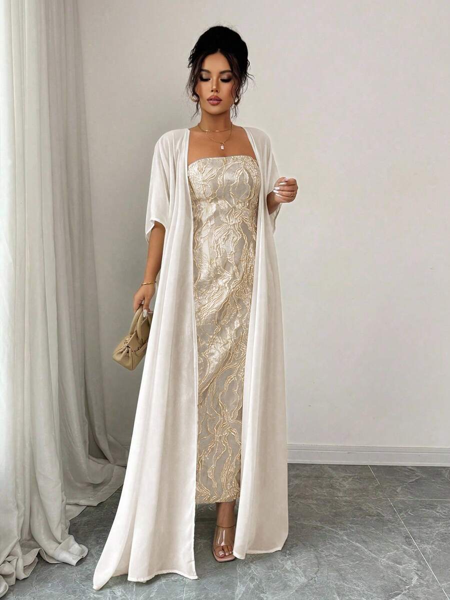 SHEIN Elenzga فستان أصفر أنيق مع شال أبيض