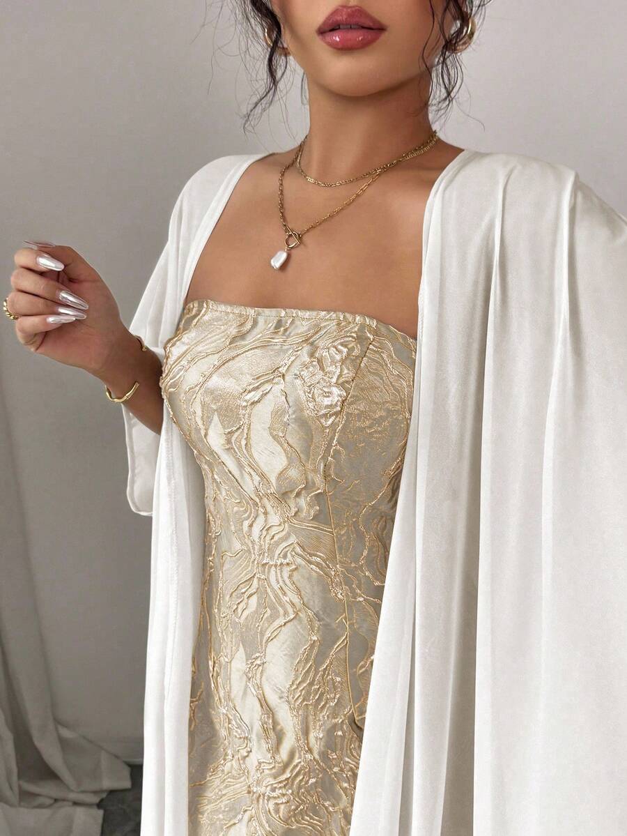 SHEIN Elenzga فستان أصفر أنيق مع شال أبيض