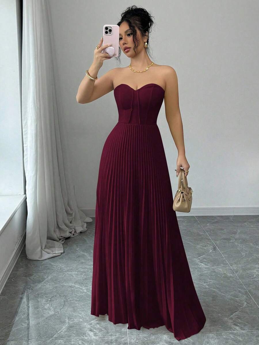 SHEIN Elenzga فستان عنابي مقسم الخصر بكريهات وتفاصيل منبثرة