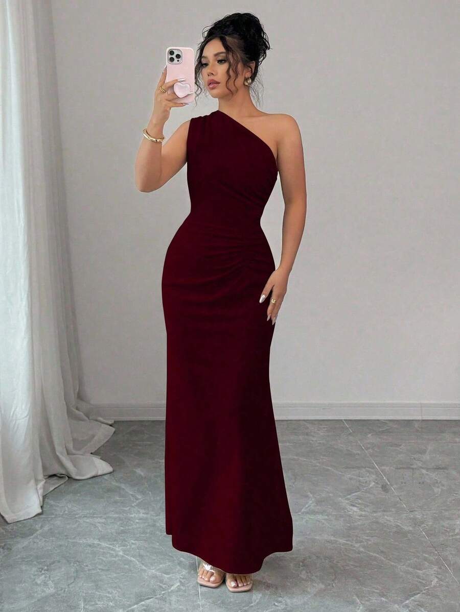 SHEIN Elenzga فستان مطبوع بخصر مشدود وكتف مائل