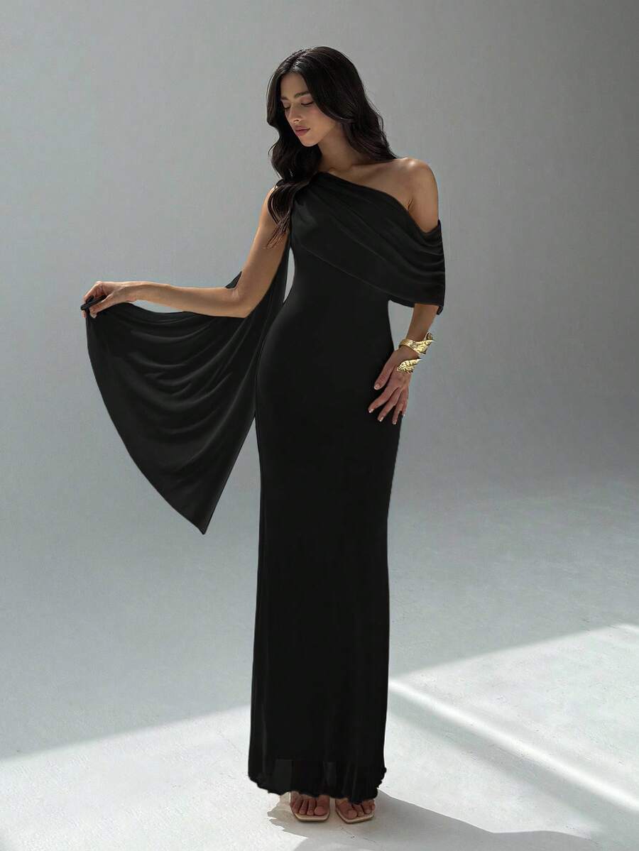 SHEIN Aloruh فستان اسود أنيق وياقة غير متماثلة