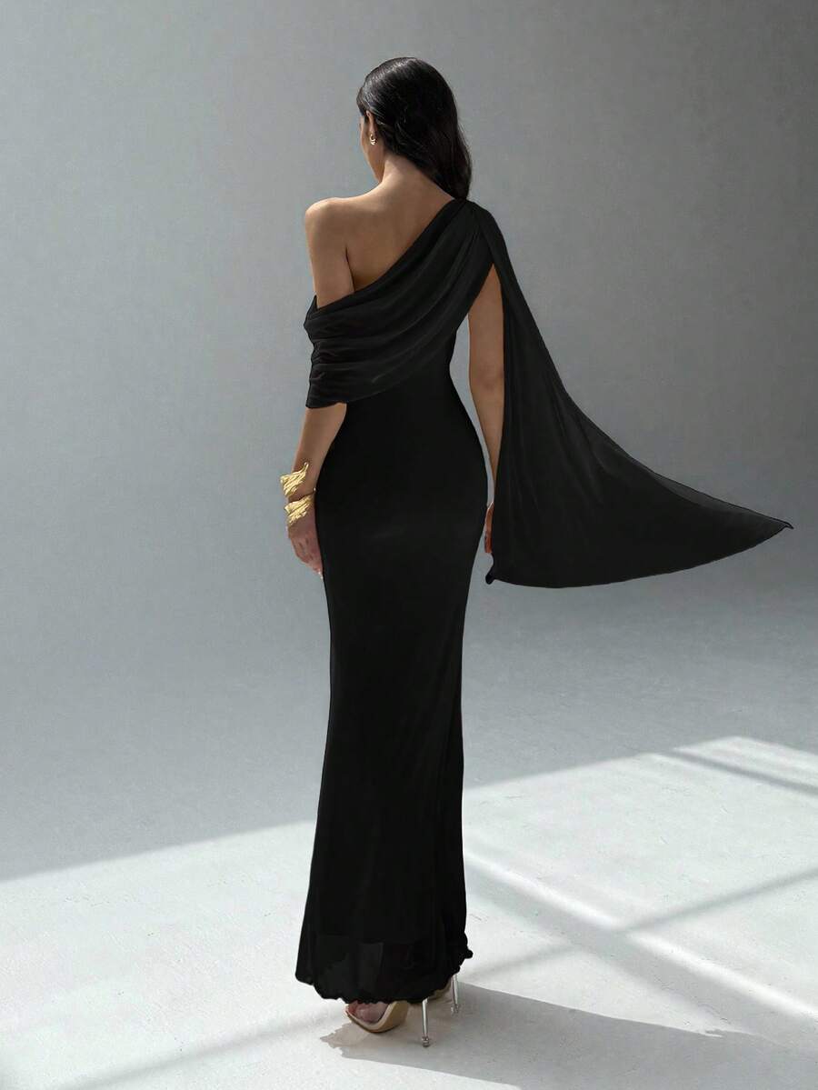 SHEIN Aloruh فستان اسود أنيق وياقة غير متماثلة