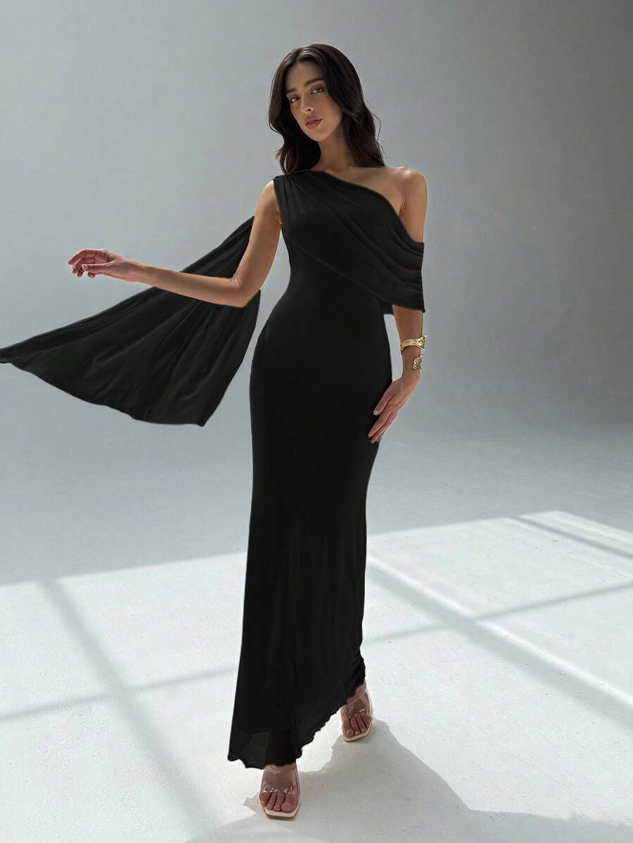 SHEIN Aloruh فستان اسود أنيق وياقة غير متماثلة