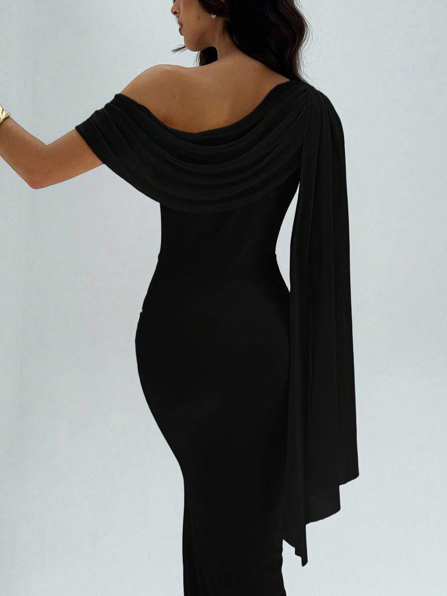 SHEIN Aloruh فستان اسود أنيق وياقة غير متماثلة