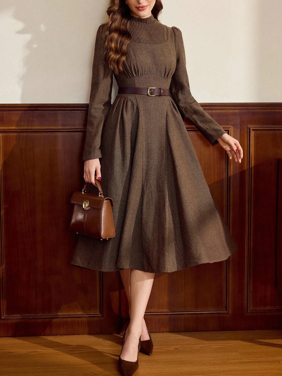 SHEIN Vintamour فستان بني  2 في 1 صوف محبوك مع جيوب