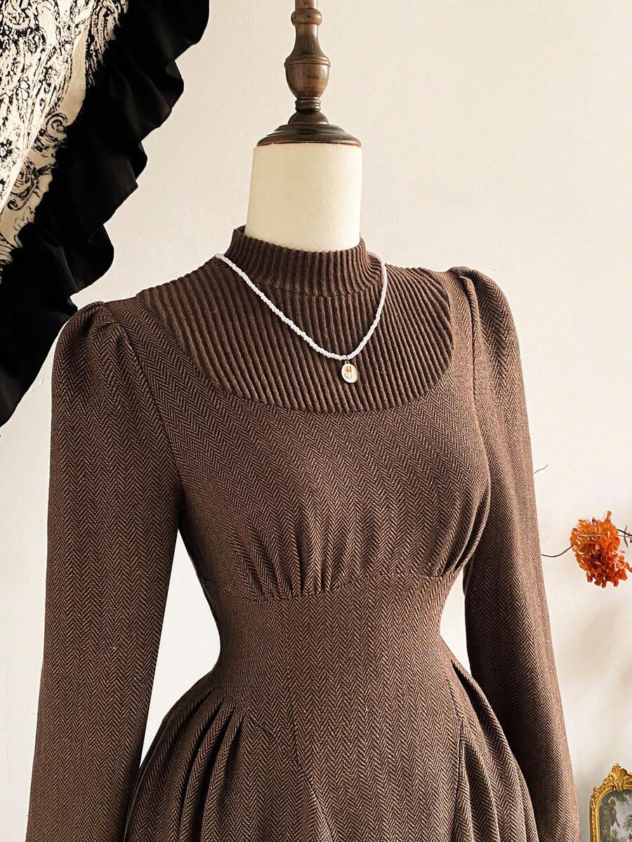 SHEIN Vintamour فستان بني  2 في 1 صوف محبوك مع جيوب