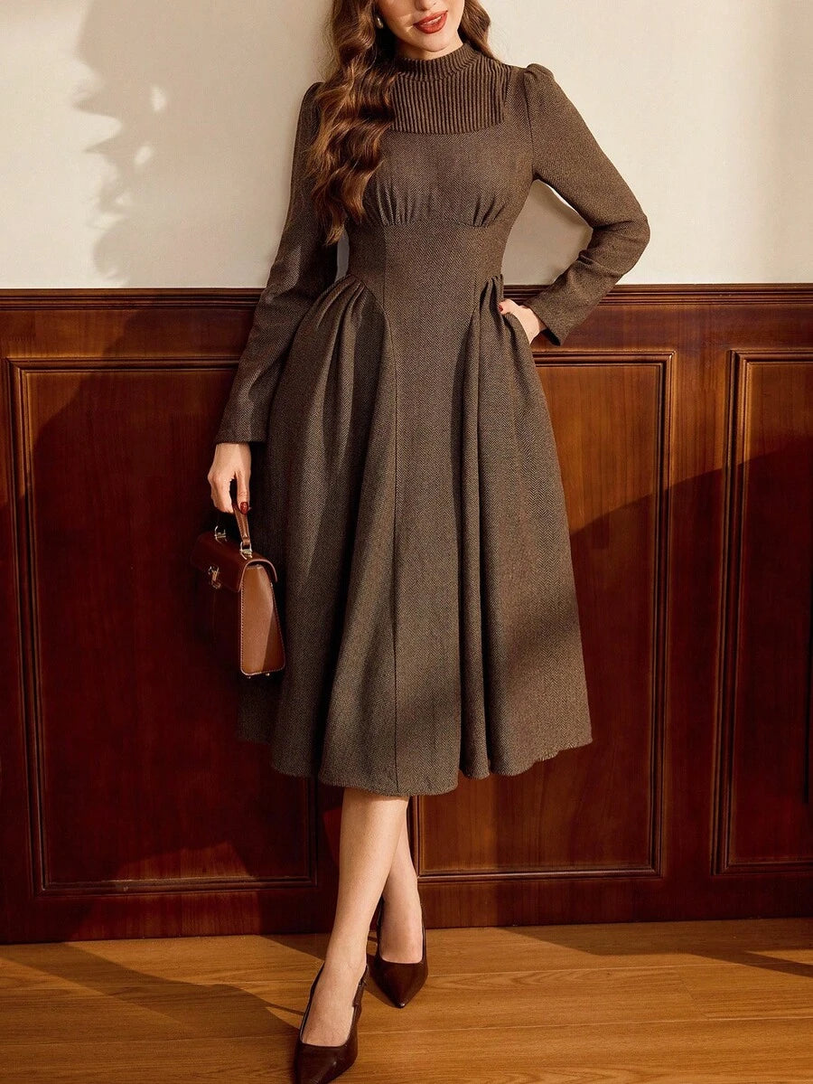 SHEIN Vintamour فستان بني  2 في 1 صوف محبوك مع جيوب