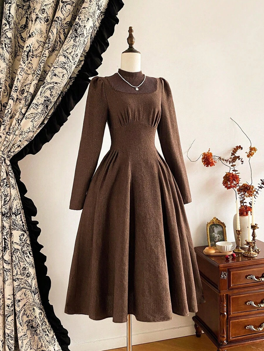SHEIN Vintamour فستان بني  2 في 1 صوف محبوك مع جيوب