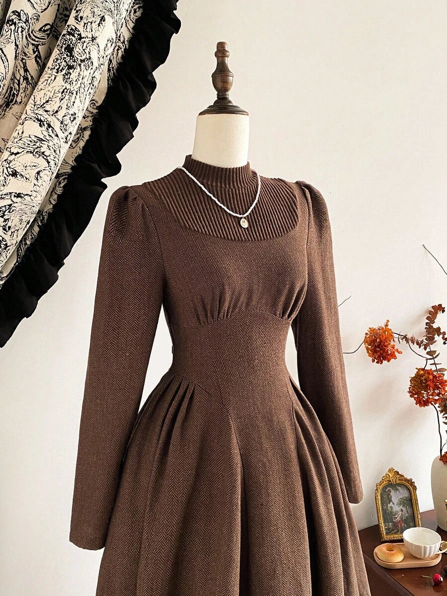 SHEIN Vintamour فستان بني  2 في 1 صوف محبوك مع جيوب