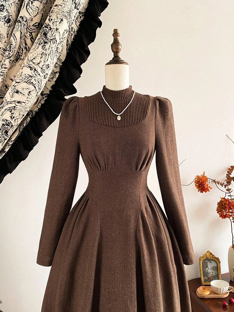 SHEIN Vintamour فستان بني  2 في 1 صوف محبوك مع جيوب