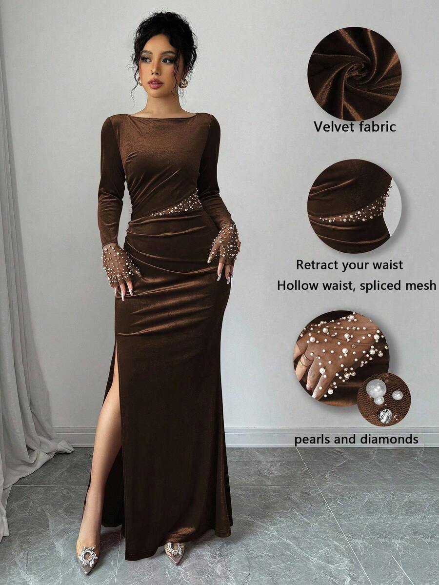 SHEIN Elenzga فستان مخملي لون بني