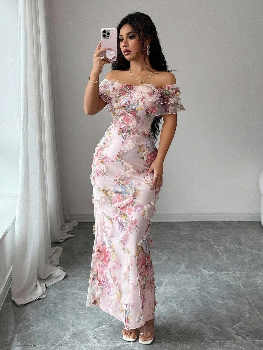 SHEIN Elenzga فستان ضيق بأكتاف مكشوفة وقماش شبكي زهري