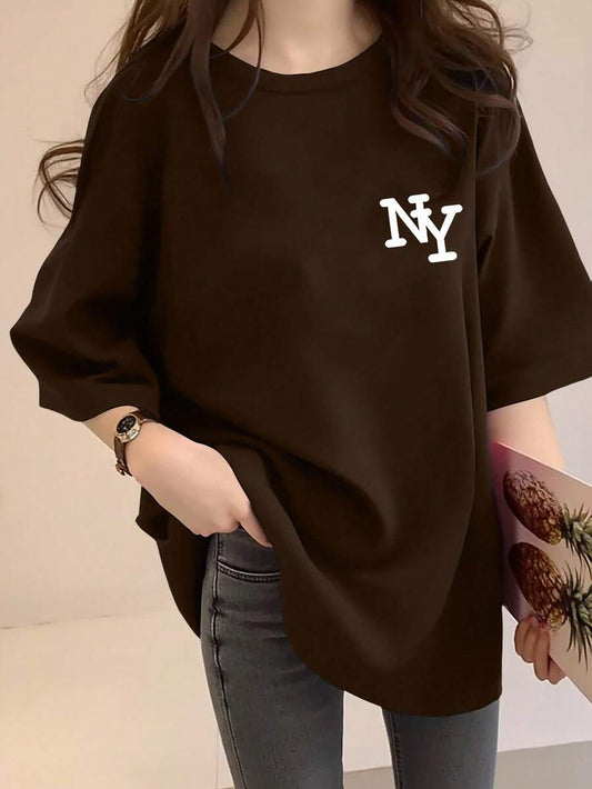 SHEIN INAWLY تي شيرت فضفاض بياقة دائرية بلون بني
