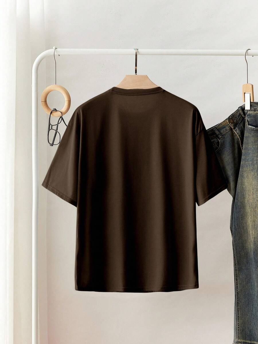 SHEIN INAWLY تي شيرت فضفاض بياقة دائرية بلون بني