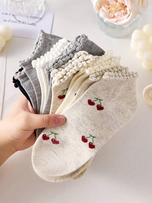 SHEIN جوارب كاحل نسائية 4 أزواج بنمط كرز