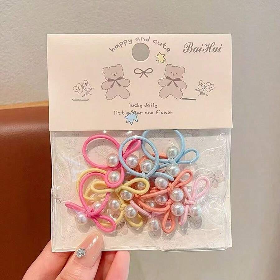 SHEIN طقم 10 قطع أربطة شعر مطاطية مزينة خرز وفيونكة االلؤلؤ