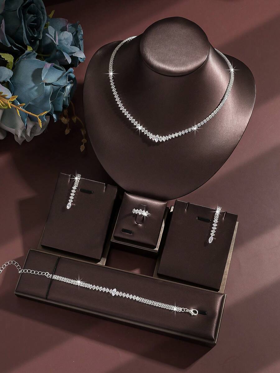 SHEIN طقم مجوهرات فضي 5 قطع مرصع بالراين