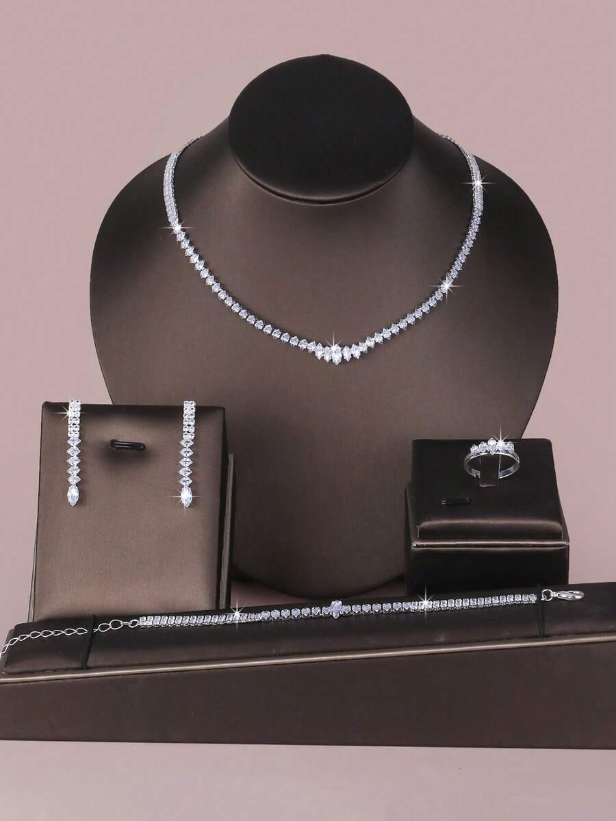 SHEIN طقم مجوهرات فضي 5 قطع مرصع بالراين