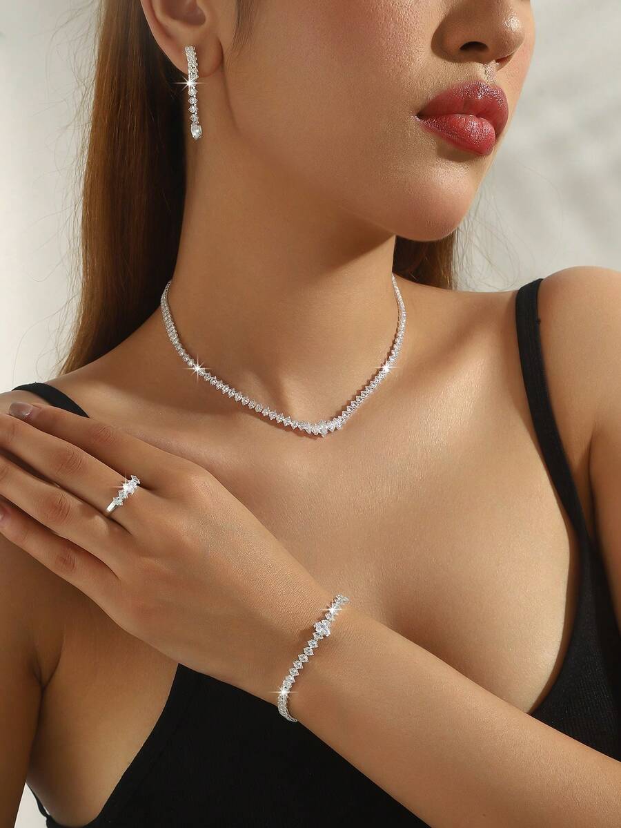 SHEIN طقم مجوهرات فضي 5 قطع مرصع بالراين