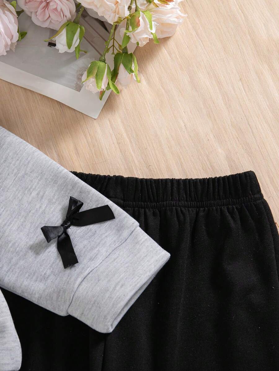 SHEIN مجموعة بلوزة وبنطلون قطيفة للبنات بياقة دائرية وزينة فيونكة