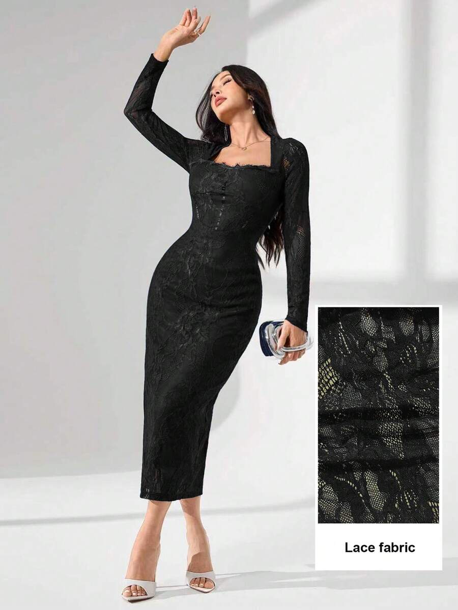 SHEIN Modelyn فستان اسود أكمام طويلة وياقة مربعة بالدانتيل